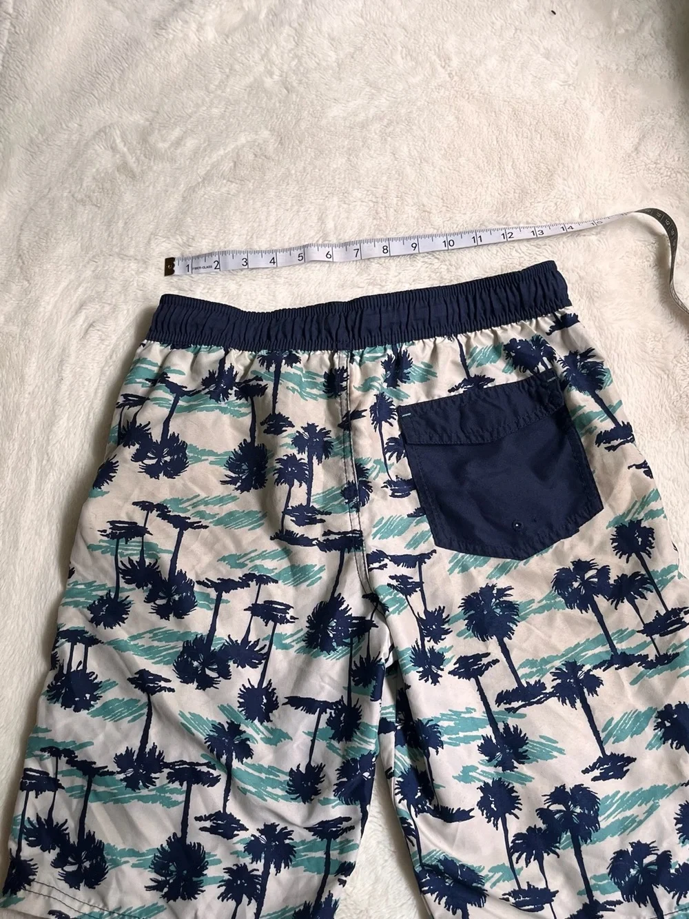 Kids Palm-Print Swim Trunks in Navy & Teal